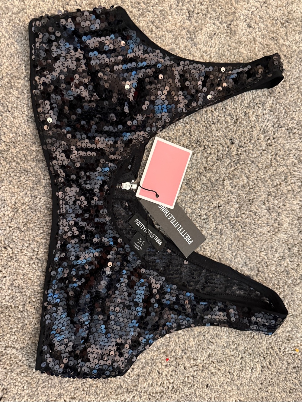 PRETTYLITTLETHING Black Sequin Bralette Size 4 Shirt